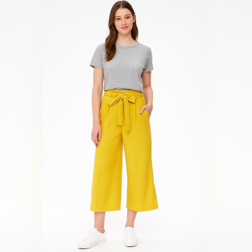 Yellow High Rise Wide Leg Paperbag Cropped Pants With Tie Belt Size Medium